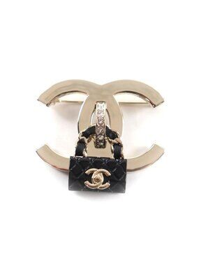 Chanel CC Logo Bag Brooch Gold Black Box Made